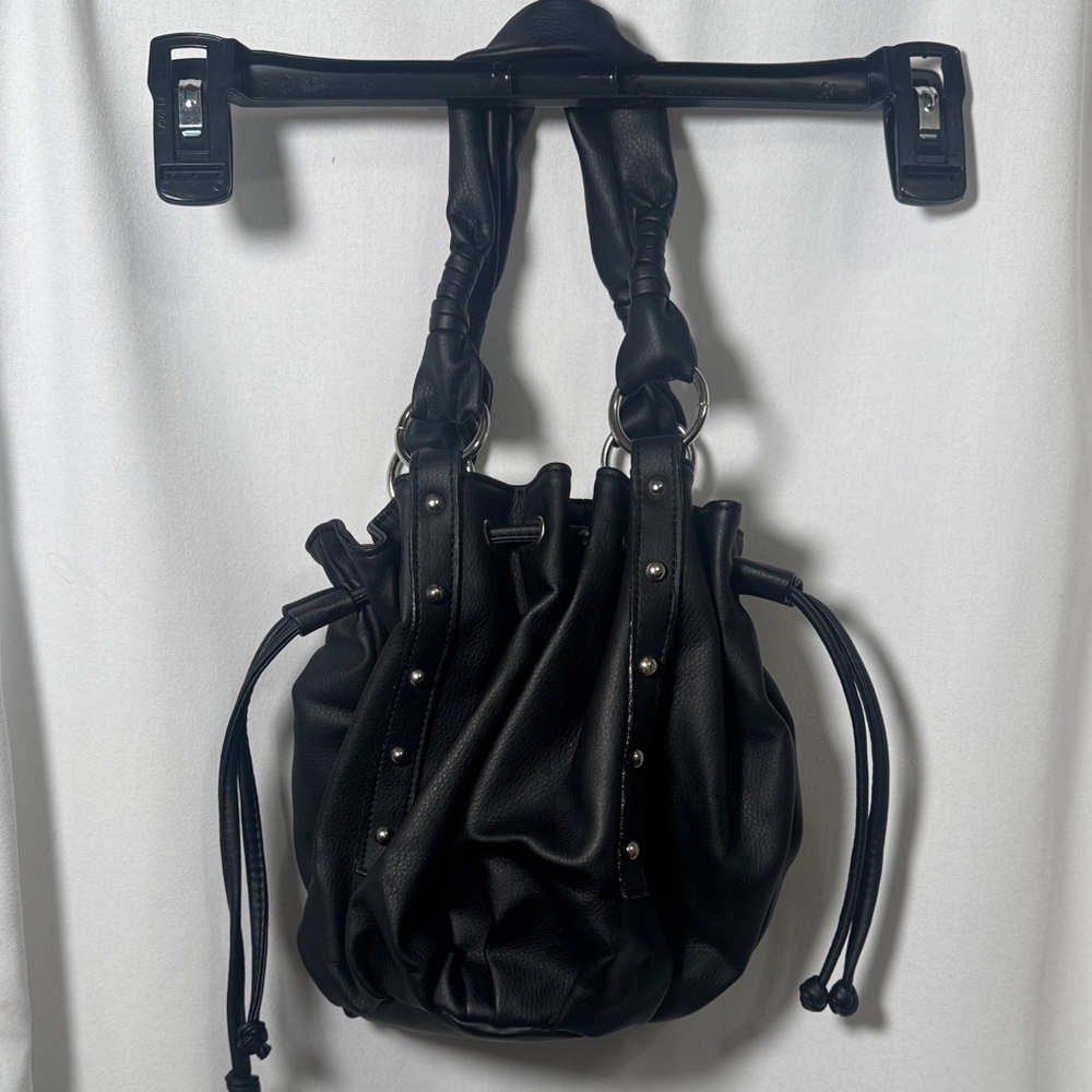 Black Drawstring Hobo Bag with Stud Accents
